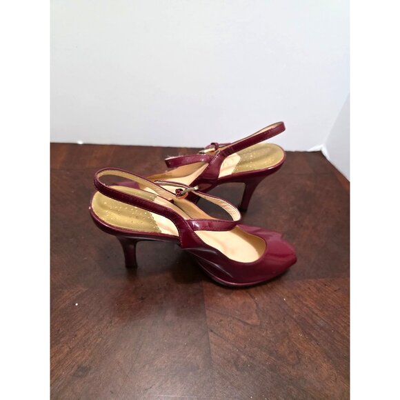 Cole Haan Burgundy Patent Leather Peep Toe Slingback Heels Adjustable Strap Wome - Picture 5 of 12